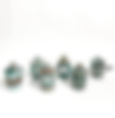 Set of 5 covered ceramic fondue pots with black, green and ochre decoration (preview)