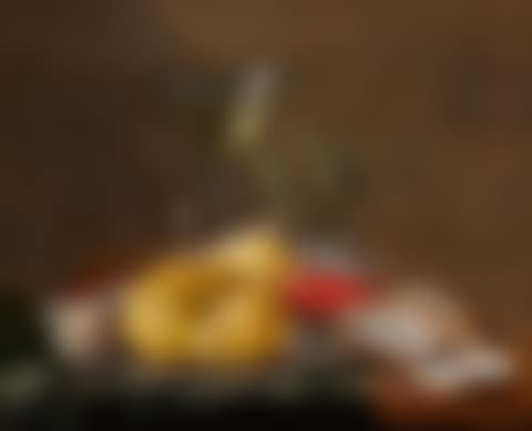 A façon de Venise wine glass, a glass of beer, cherries, a bread roll, an apricot, a clay pipe and a crayfish on a pewter plate, with grapes, oysters and kindling on a partially draped wooden table (preview)