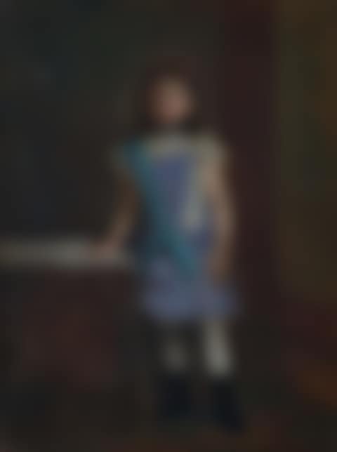 Portrait of a girl with a blue sash by a table (preview)