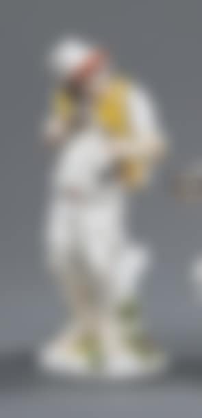 STATUETTE representing a drunken man holding two fish, two other fish hidden in his shirt, he is dressed in a yellow jacket and wearing a red-brimmed cap (preview)