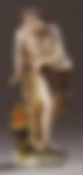 Porcelain statuette representing winter in the features of a draped man warming himself near a brazier, with polychrome decoration (preview)