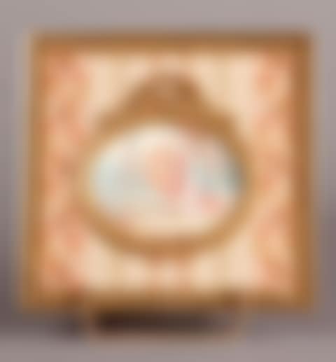 OVAL MINIATURE representing three characters with a dog in a park (preview)
