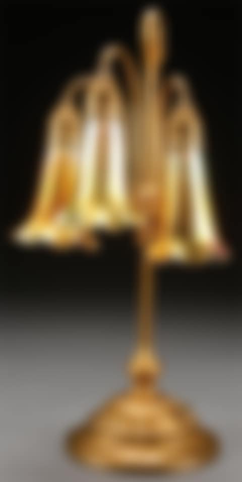 A TIFFANY STUDIOS ETCHED DORE BRONZE AND FAVRILE GLASS LILY LAMP (preview)