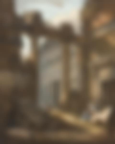 An architectural capriccio with a colonnade and two groups of figures sitting and working in the ruins (preview)
